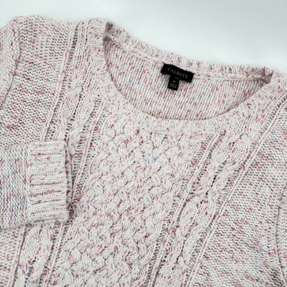 Talbots Women's Cable Knit Sweater‎ Speckled Pink Blue White Cotton Size Medium